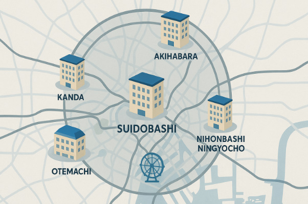 水道橋駅を中心に、神田秋葉原、日本橋人形町、東京大手町など電車1本・20分圏内の東横インがリング状に配置された地図イラスト